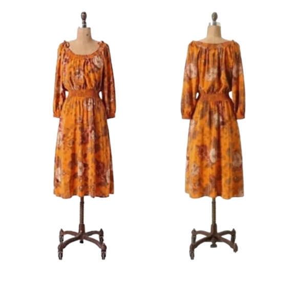 Anthropologie Cara Cara 100% silk orange print midi bohemian peasant dress sz 4 - Picture 9 of 12
